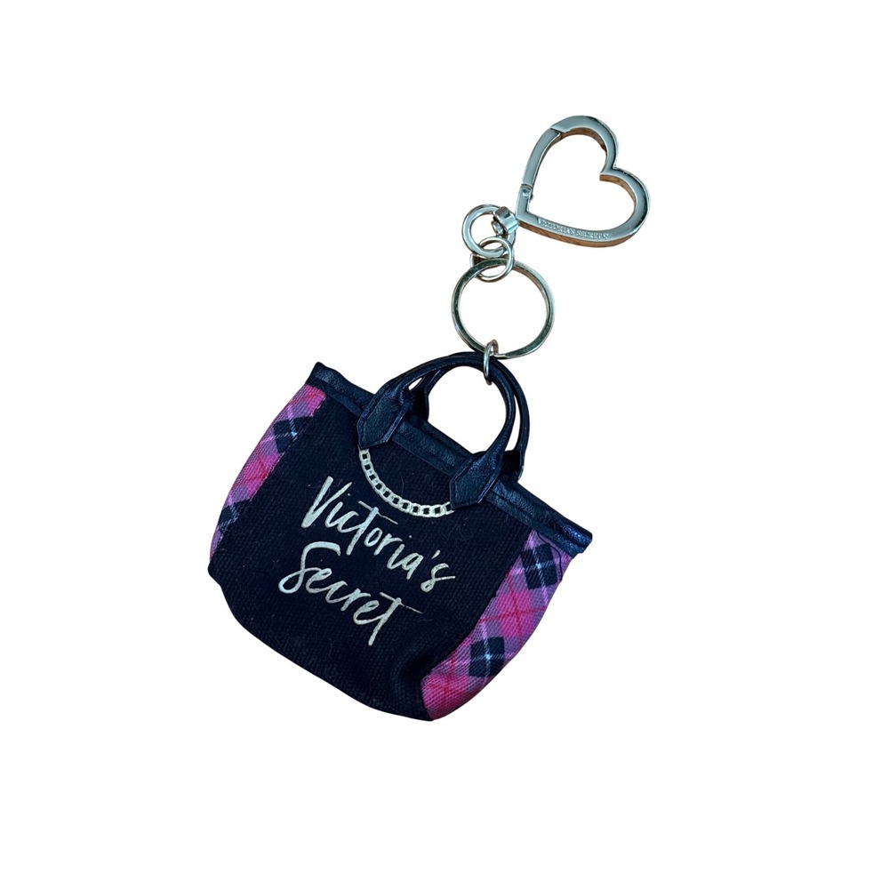 Victoria's Secret Mini Tote Bag Keychain Black Pink Plaid Heart Charm Accessory